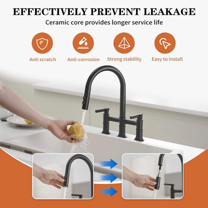 BWE Modern Double Handle Bridge Kitchen Faucet 3-Holes 360 Swivel Spout Black - Image 4