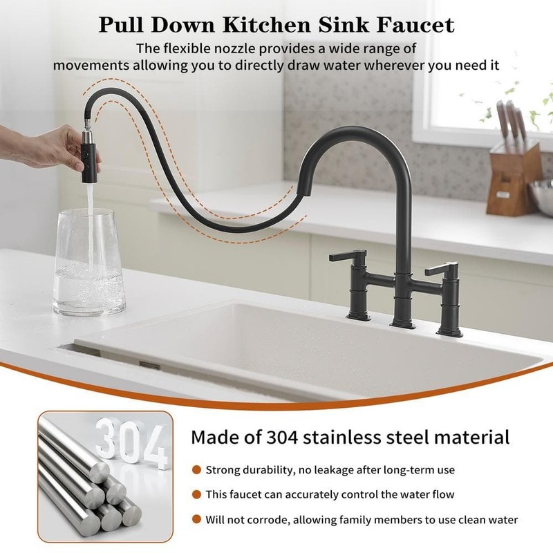 BWE Modern Double Handle Bridge Kitchen Faucet 3-Holes 360 Swivel Spout Black - Image 6