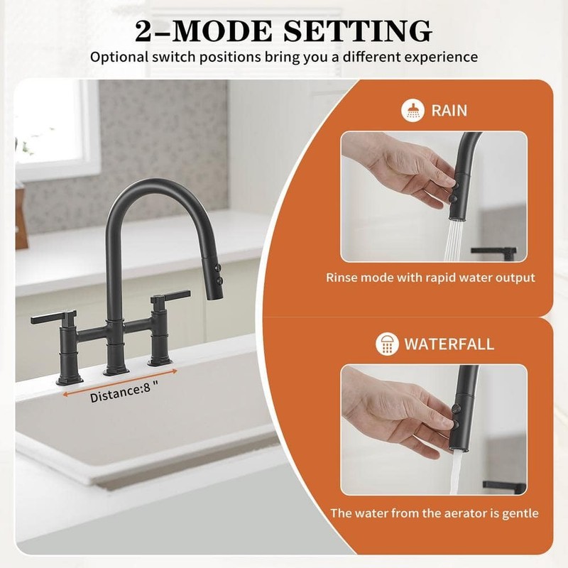 BWE Modern Double Handle Bridge Kitchen Faucet 3-Holes 360 Swivel Spout Black - Image 7