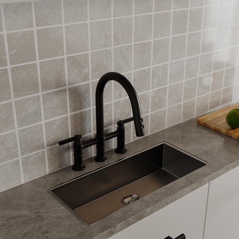 BWE Modern Double Handle Bridge Kitchen Faucet 3-Holes 360 Swivel Spout Black - Image 8