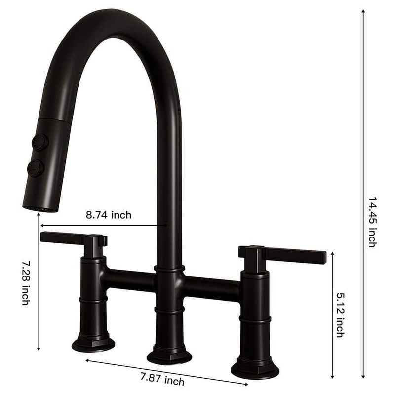 BWE Modern Double Handle Bridge Kitchen Faucet 3-Holes 360 Swivel Spout Black - Image 11