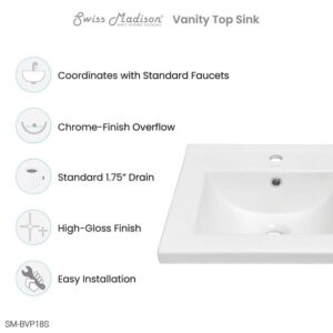 Swiss Madison 18.13" Ceramic Square Vanity Top Glossy White