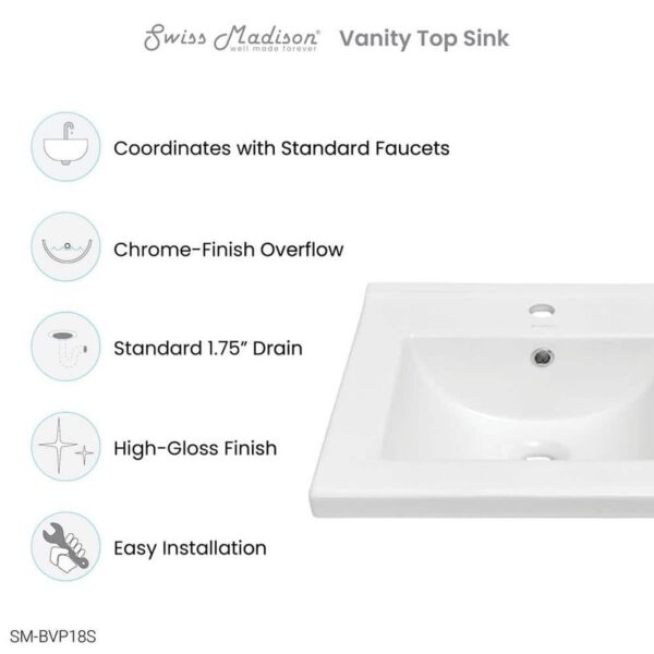 Swiss Madison 18.13" Ceramic Square Vanity Top Glossy White