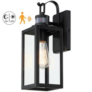 Uixe 15" 1-Light Matte Black Motion Sensing Wall Lantern Sconce Clear Glass