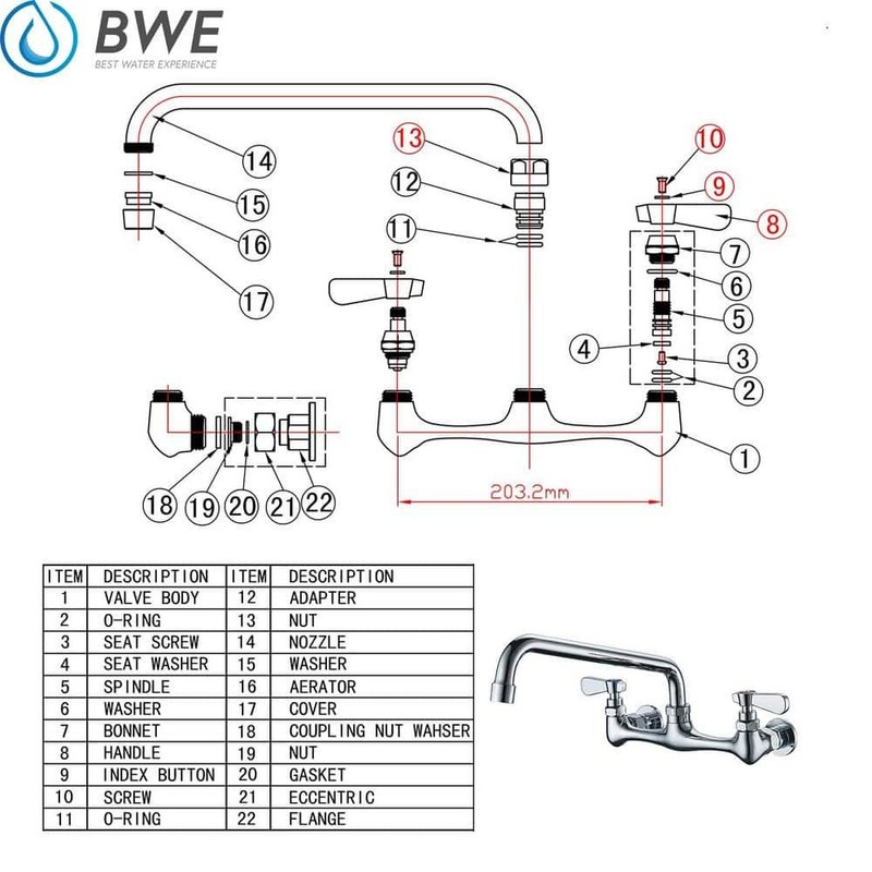 BWE 2-Handle Wall Mount Kitchen Faucet 8" Swivel Spout Polished Chrome - Image 3