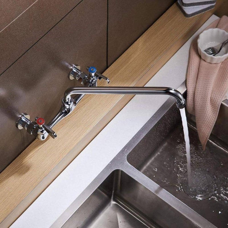 BWE 2-Handle Wall Mount Kitchen Faucet 8" Swivel Spout Polished Chrome - Image 7