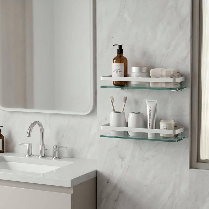 KES 14 in. W x 2 in. H x 5 in. D Bathroom Aluminum Tempered Glass Shelf 2 Pack - Image 2