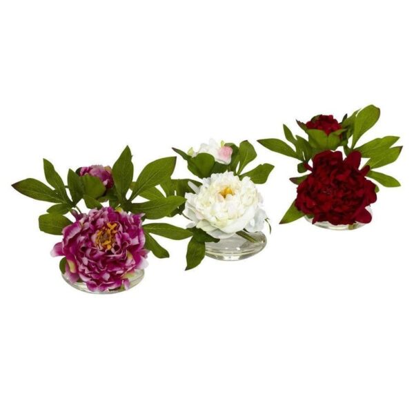 Nearly Natural 6in. Artificial H Peony Assorted with Glass Vase (Set of 3)