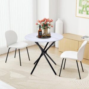 Homy Casa Fontana 31.5" Round Dining Table Black Metal Base Marble Wood Top