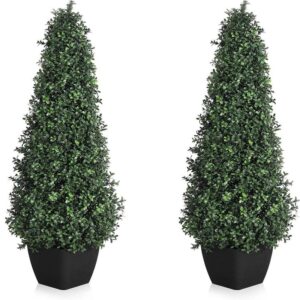 Gravee 5 ft. 2 Pieces Artificial Boxwood Topiary Trees Cone Shape Black Planter