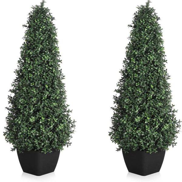 Gravee 5 ft. 2 Pieces Artificial Boxwood Topiary Trees Cone Shape Black Planter