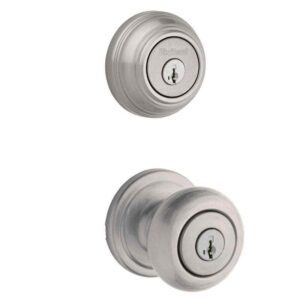 Kwikset Juno Satin Nickel Entry Door Knob and Double Cylinder Deadbolt Combo