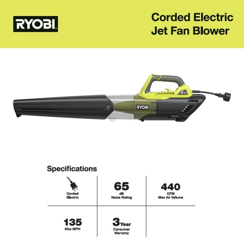 RYOBI 135 MPH 440 CFM 8 Amp Corded Electric Jet Fan Leaf Blower - Image 3