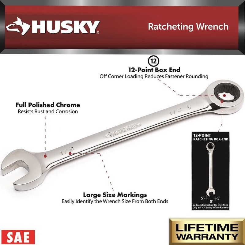 Husky 15/16 in. 12-Point SAE Ratcheting Combination Wrench - Image 2