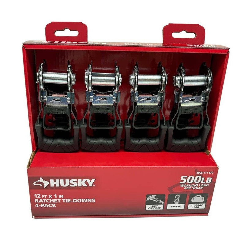 Husky 12 ft. x 1 in. Ratchet Tie-Down Straps with S-Hook (4-Pack)