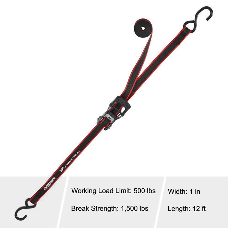 Husky 12 ft. x 1 in. Ratchet Tie-Down Straps with S-Hook (4-Pack) - Image 3