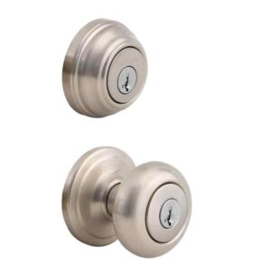 Kwikset Juno Satin Nickel Exterior Entry Door Knob and Single Cylinder Deadbolt