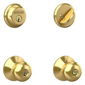 Schlage Plymouth Bright Brass Deadbolt & Keyed Entry Door Knob Combo Pack