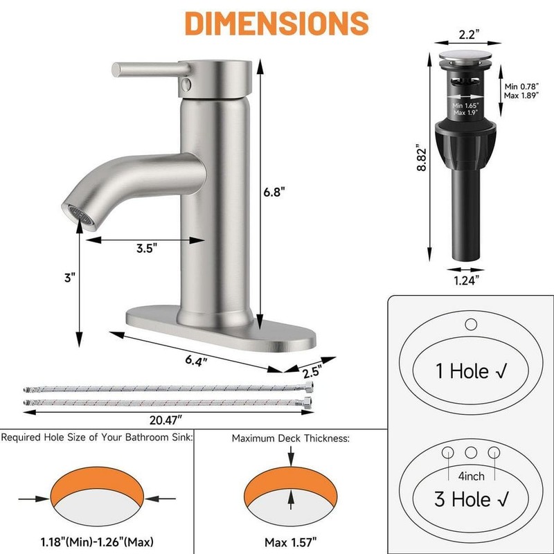 BWE Single Hole Bathroom Faucet Pop Up Drain Brushed Nickel - Image 3