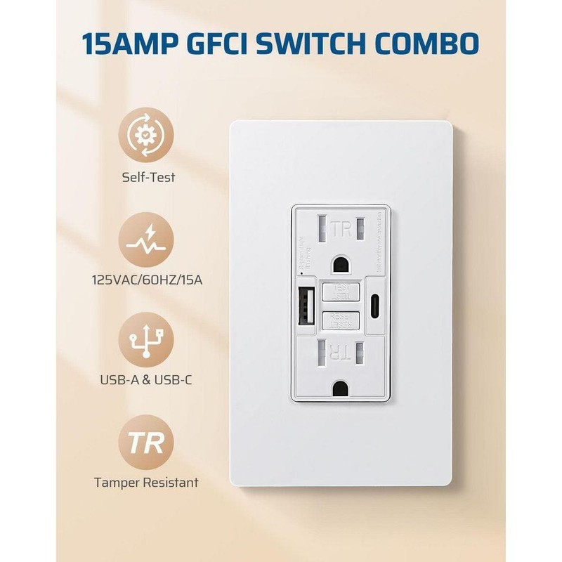 DEWENWILS White 15A GFCI Duplex Outlet with USB-A, USB-C Charger - Image 2