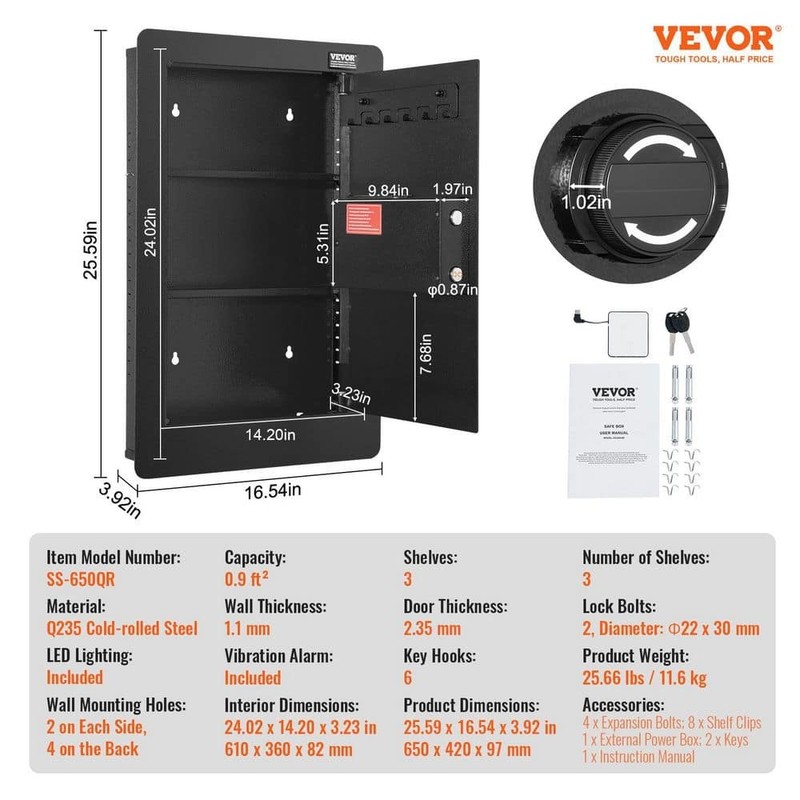SKYSHALO Tall Wall Safe 25.59 in. Keypad Q235 Steel with LED Light - Image 7