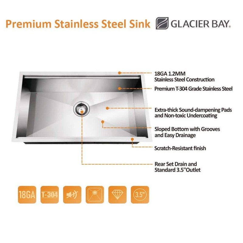 Glacier Bay 27" Undermount Single Bowl 18 Gauge Stainless Steel Kitchen Sink - Image 3