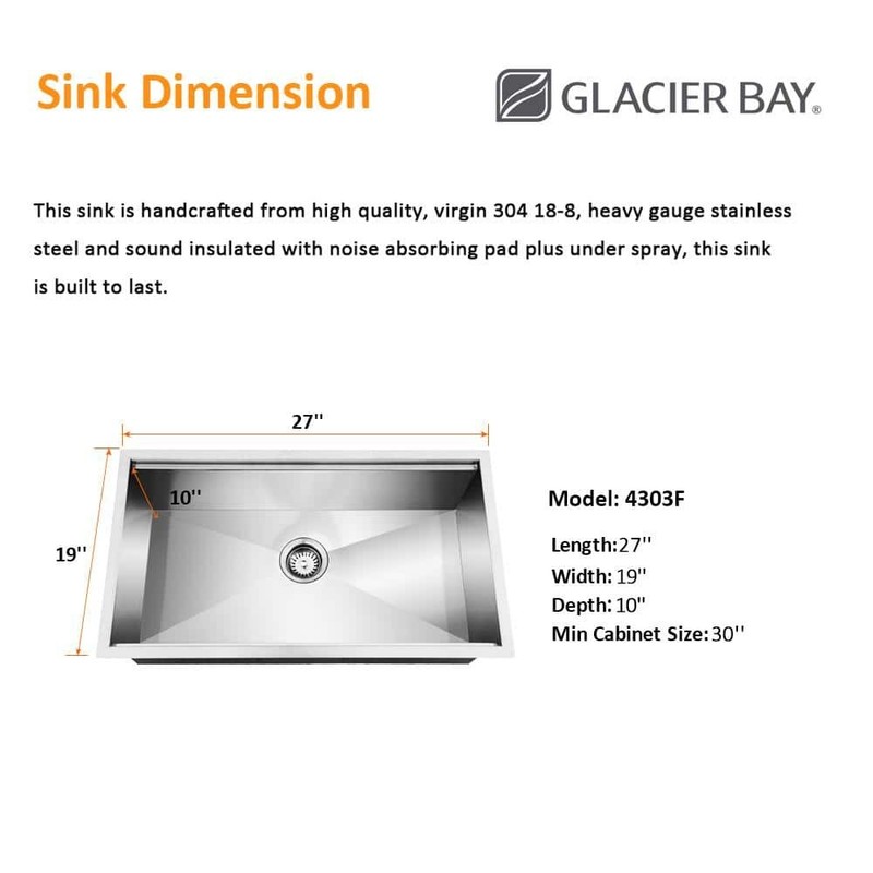 Glacier Bay 27" Undermount Single Bowl 18 Gauge Stainless Steel Kitchen Sink - Image 6