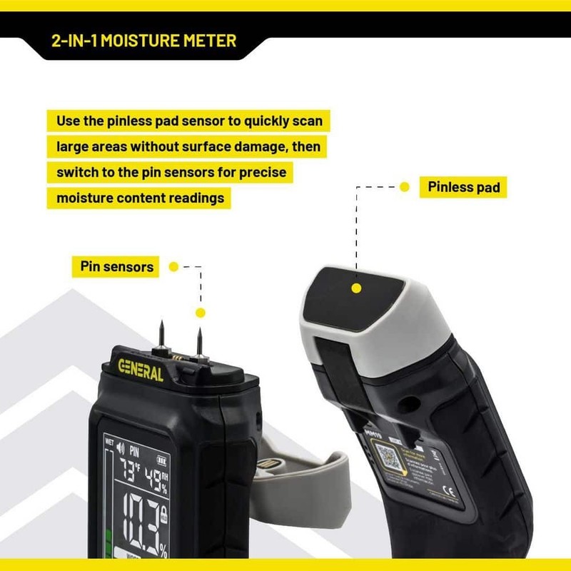 General Tools 2-in-1 Moisture Meter, Backlit, Wood, Drywall, Building Materials - Image 4