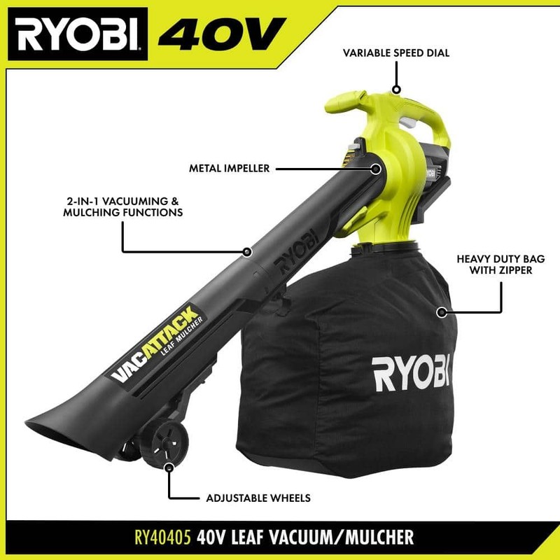 RYOBI 40V Vac Attack Cordless Leaf Vacuum/Mulcher with 5.0 Ah Battery & Charger - Image 4