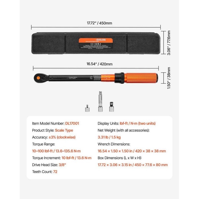 SKYSHALO 3/8 in. Click Torque Wrench, 10-100 lbf-ft., 3% Precision, Steel Top - Image 7