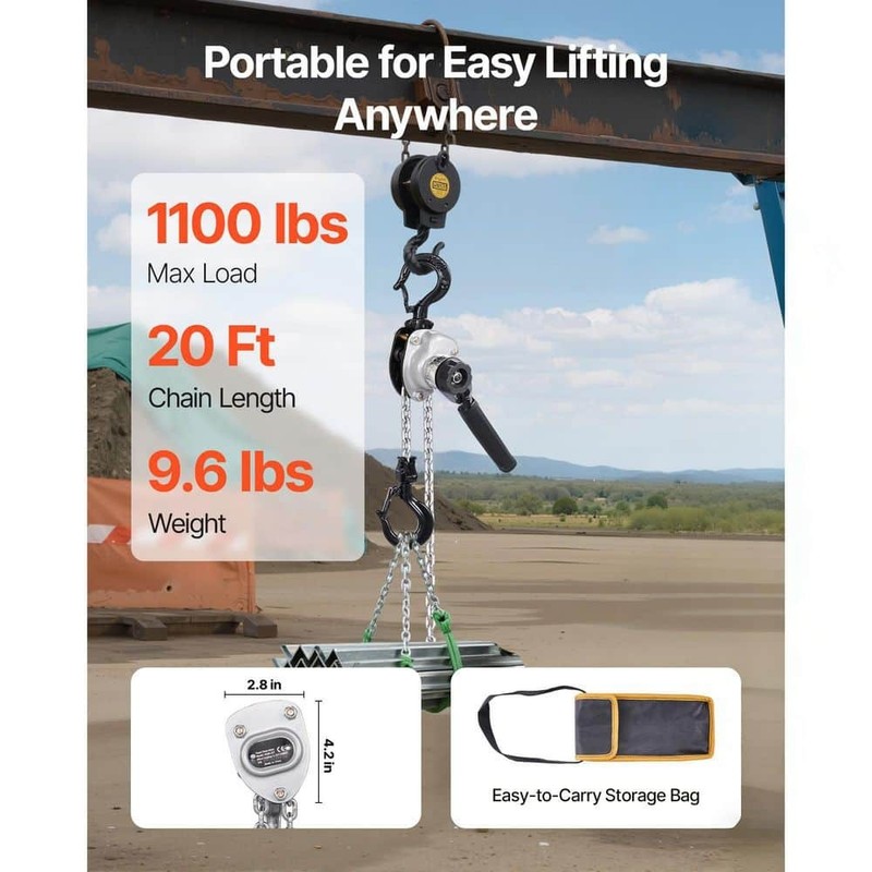 VEVOR Manual Lever Chain Hoist, 20 ft. Lift, G80 Steel, 1100 lbs. Capacity - Image 2
