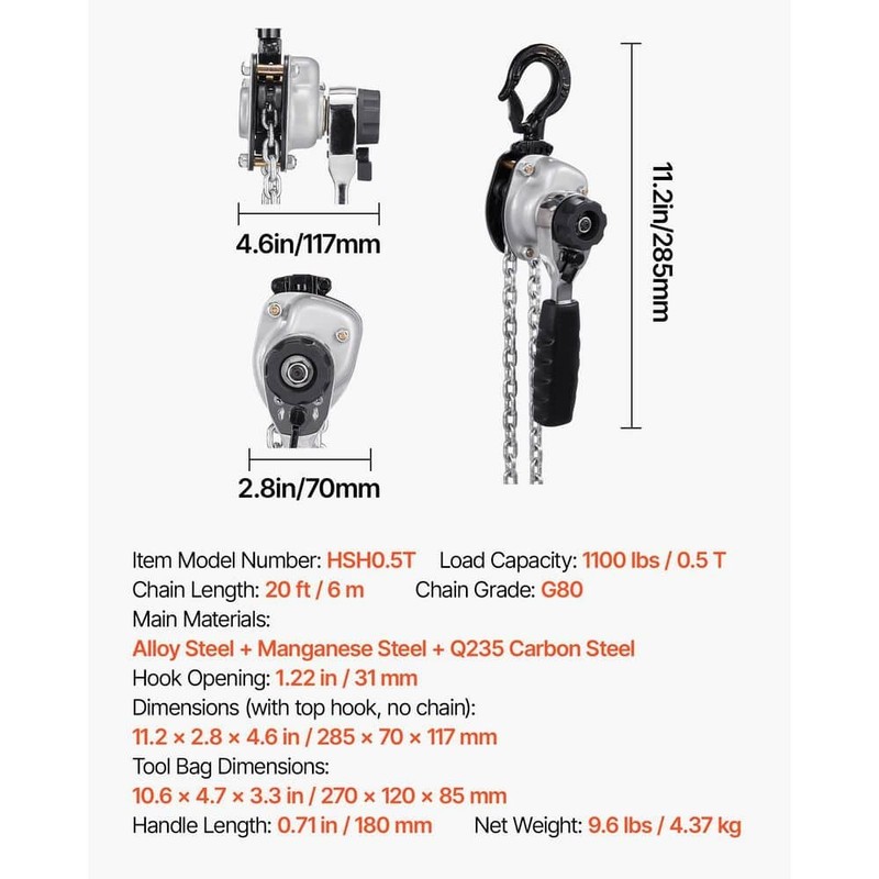 VEVOR Manual Lever Chain Hoist, 20 ft. Lift, G80 Steel, 1100 lbs. Capacity - Image 7