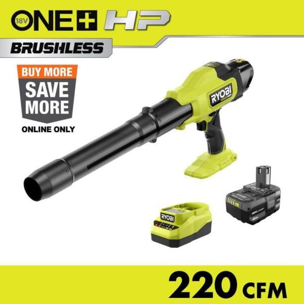 RYOBI ONE+ HP 18V Brushless Cordless Leaf Blower 220 CFM 140 MPH 4.0 Ah Battery