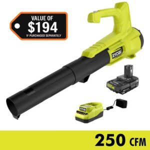 RYOBI ONE+ 18V 90 MPH 250 CFM Cordless Leaf Blower/Sweeper with 2.0 Ah Battery