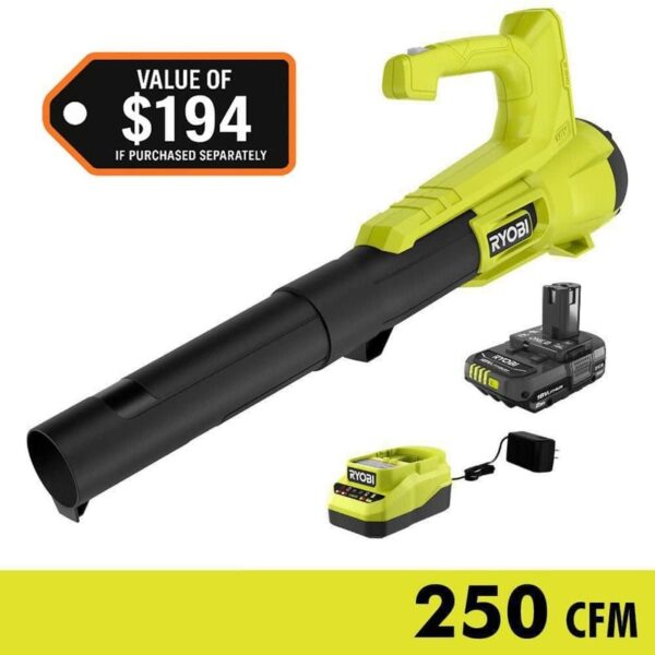 RYOBI ONE+ 18V 90 MPH 250 CFM Cordless Leaf Blower/Sweeper with 2.0 Ah Battery