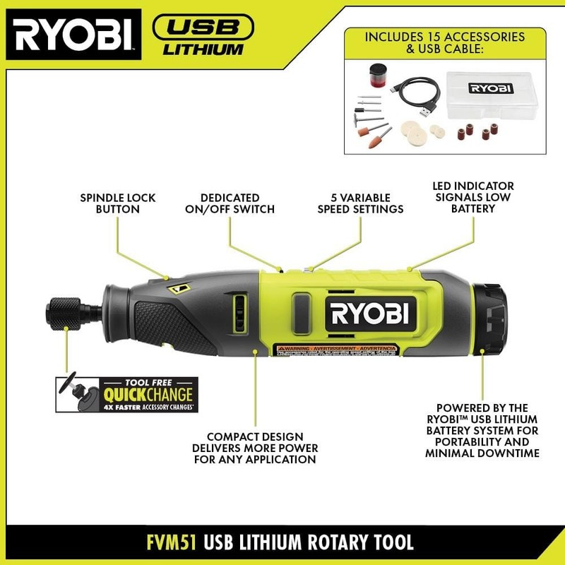 RYOBI USB Lithium Rotary Tool Kit with 2.0 Ah USB Lithium Battery&Charging Cable - Image 3