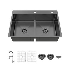 Glacier Bay 33" Drop-In Double Bowl 18-Gauge Gunmetal Black Stainless Steel Sink