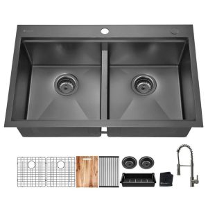 Glacier Bay 33" Drop-In Double Bowl 18G Gunmetal Black Stainless Steel Sink