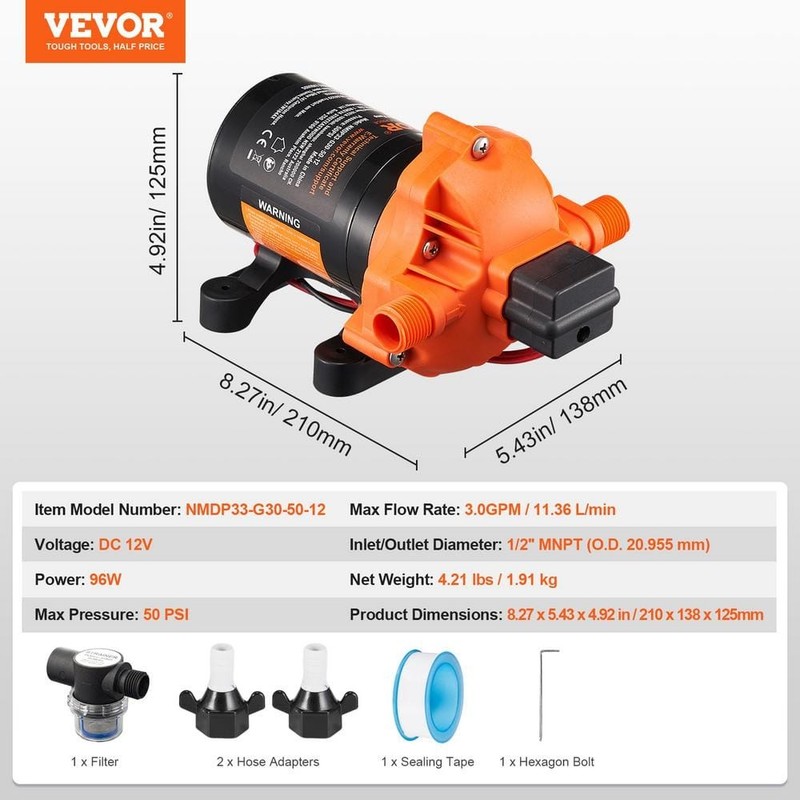 VEVOR 12V Diaphragm Pump 3 GPM 3-Chamber 50 PSI 1/2" MNPT RV Yacht Food Truck - Image 7