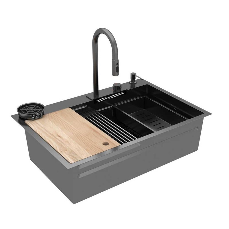 FUFU&GAGA 33.2 in. Drop-in Single Bowl Matte Black 304 Stainless Steel Sink - Image 4