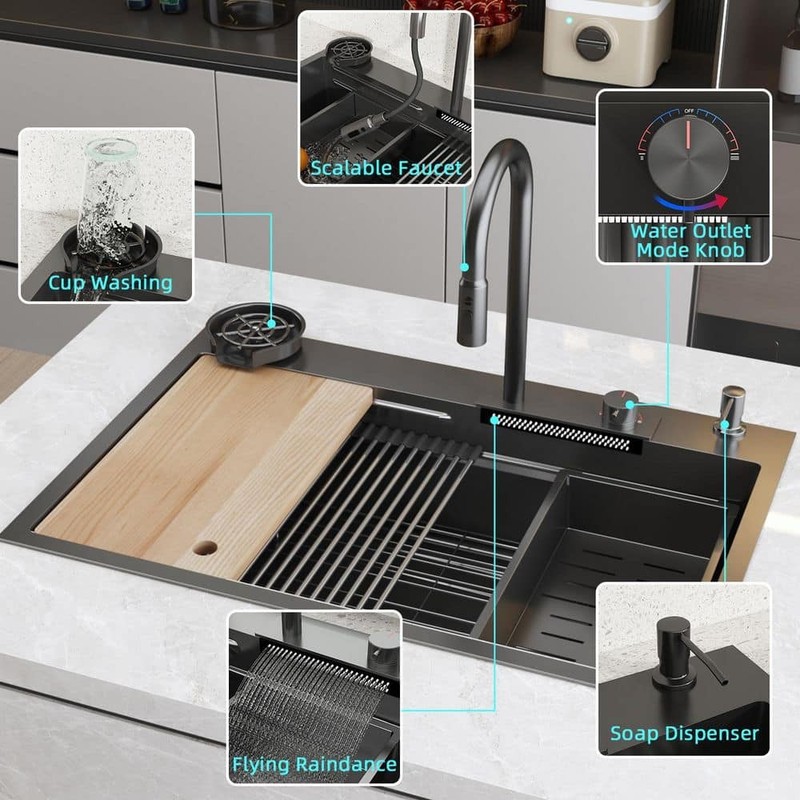 FUFU&GAGA 33.2 in. Drop-in Single Bowl Matte Black 304 Stainless Steel Sink - Image 8