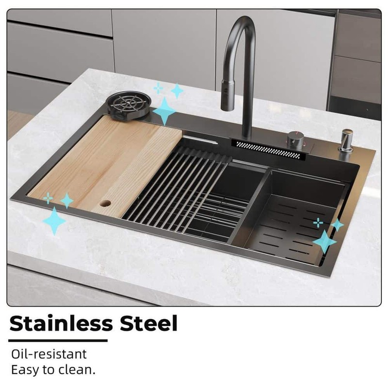 FUFU&GAGA 33.2 in. Drop-in Single Bowl Matte Black 304 Stainless Steel Sink - Image 9