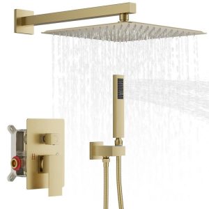 BWE 12 in. Wall Mount Square Shower Head & Hand Shower Faucet Brushed Gold