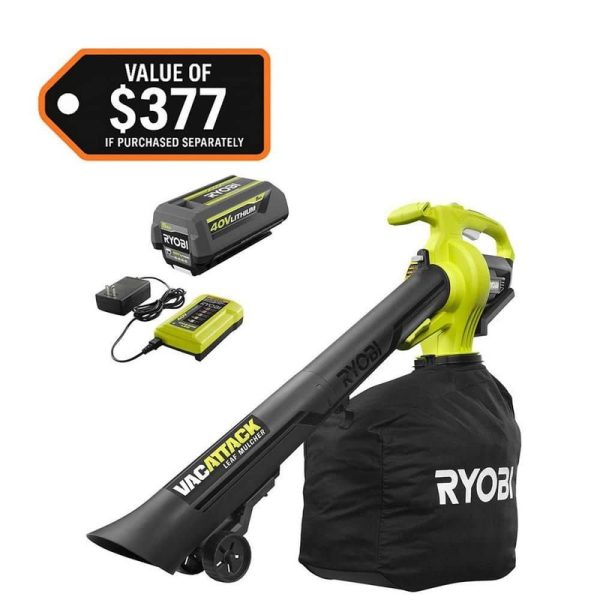 RYOBI 40V Vac Attack Cordless Leaf Vacuum/Mulcher 5.0 Ah Battery Charger
