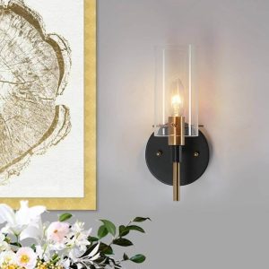 Zevni 1-Light Brass Gold Wall Sconce, Black Vanity Light, Clear Glass Shades