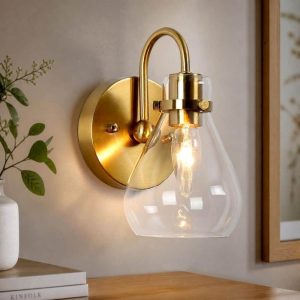 Uolfin Teardrop Brass Wall Sconce 1-Light Clear Glass Shade