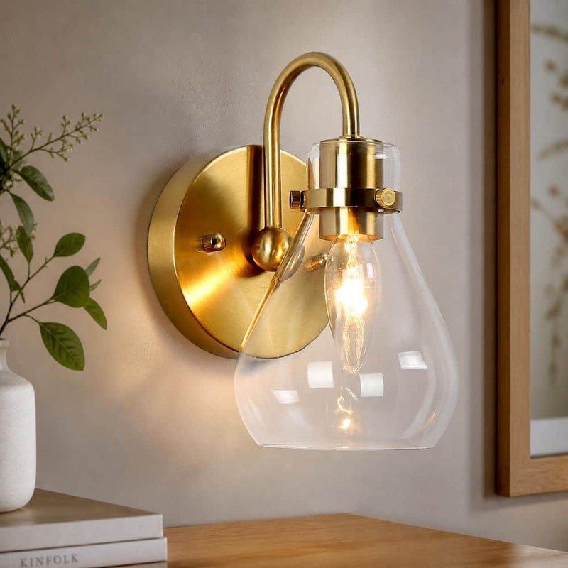 Uolfin Teardrop Brass Wall Sconce 1-Light Clear Glass Shade