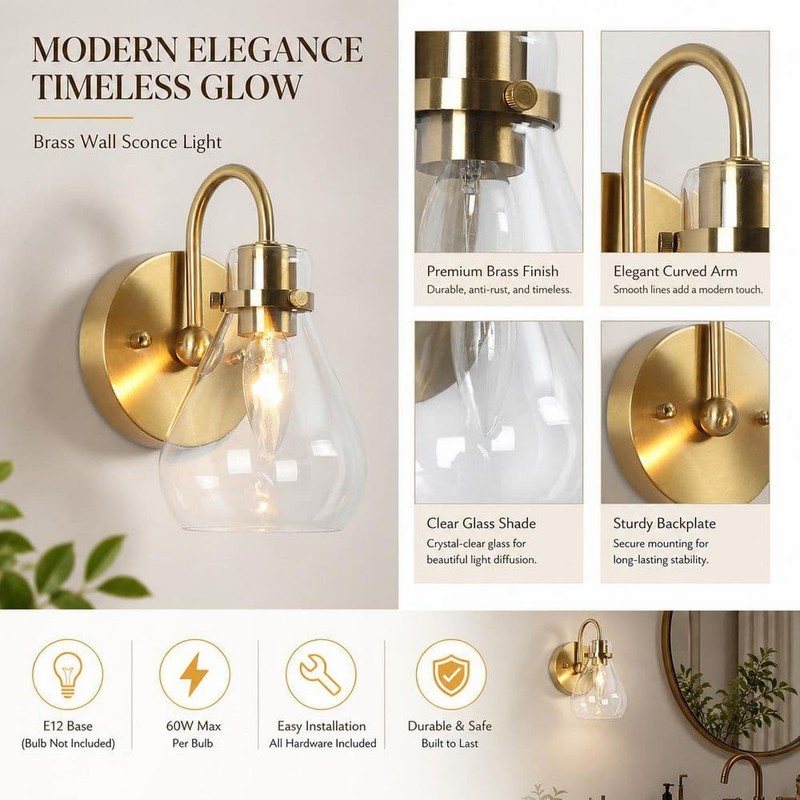 Uolfin Teardrop Brass Wall Sconce 1-Light Clear Glass Shade - Image 6