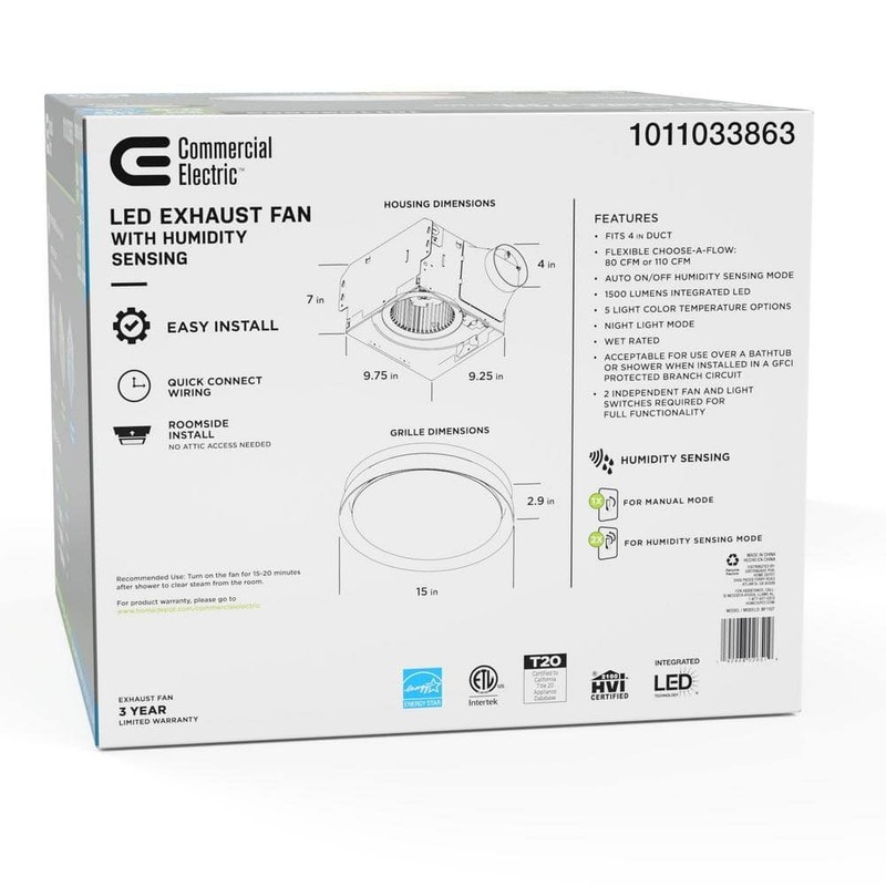 Commercial Electric 80/110 CFM Round Bathroom Exhaust Fan LED Night Light Sensor - Image 3