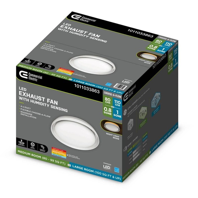 Commercial Electric 80/110 CFM Round Bathroom Exhaust Fan LED Night Light Sensor - Image 9